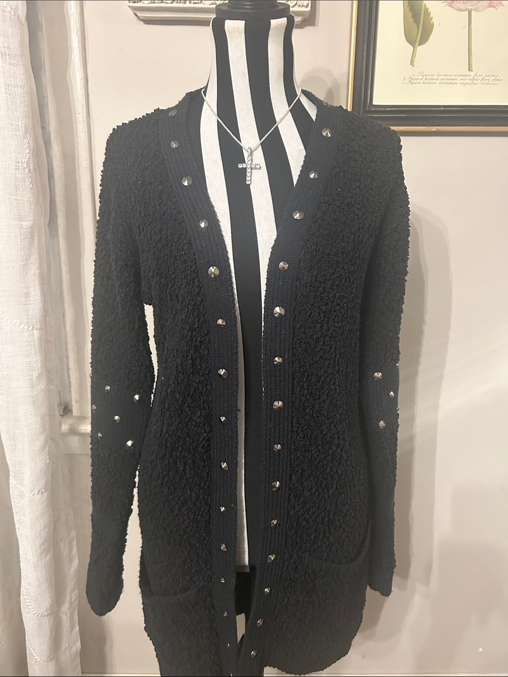 Foxiedox Black Long Open-Front Studded Bouclé Cardigan Sweater